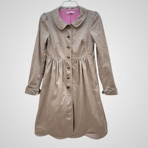 VTG Betsey Johnson Jacket Beige Khaki Coat Fit Flare Womens Sz 4 Scalloped Hem
